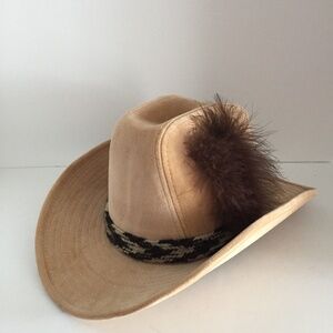 Vintage Womens Stetson Cowboy Western Hat Corduroy Cotton Feather Beige 6-3/4